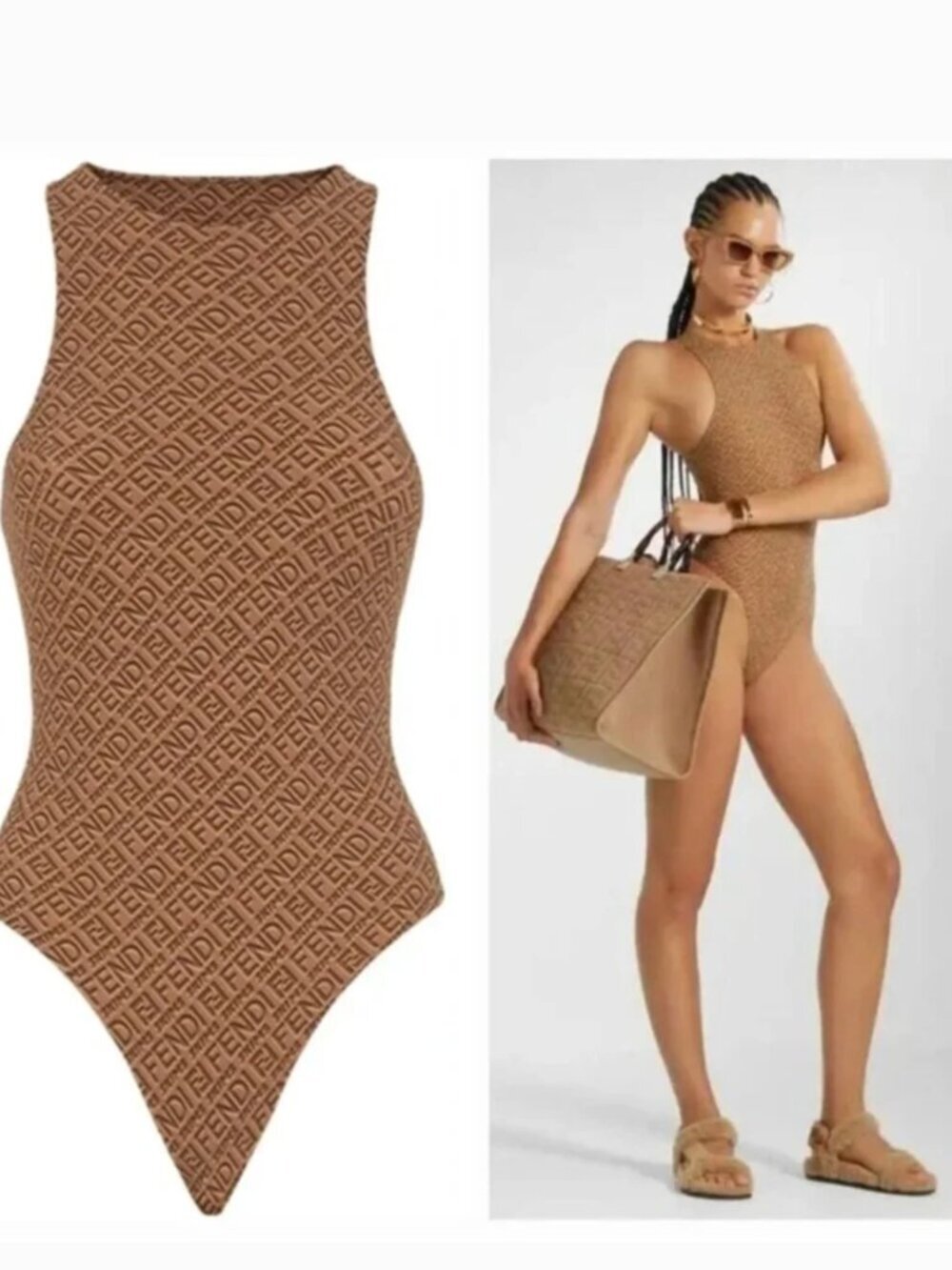 Fendi X Skims Bodysuit Long Sleeve Thong Logo Top Stretch Brown Size Medium